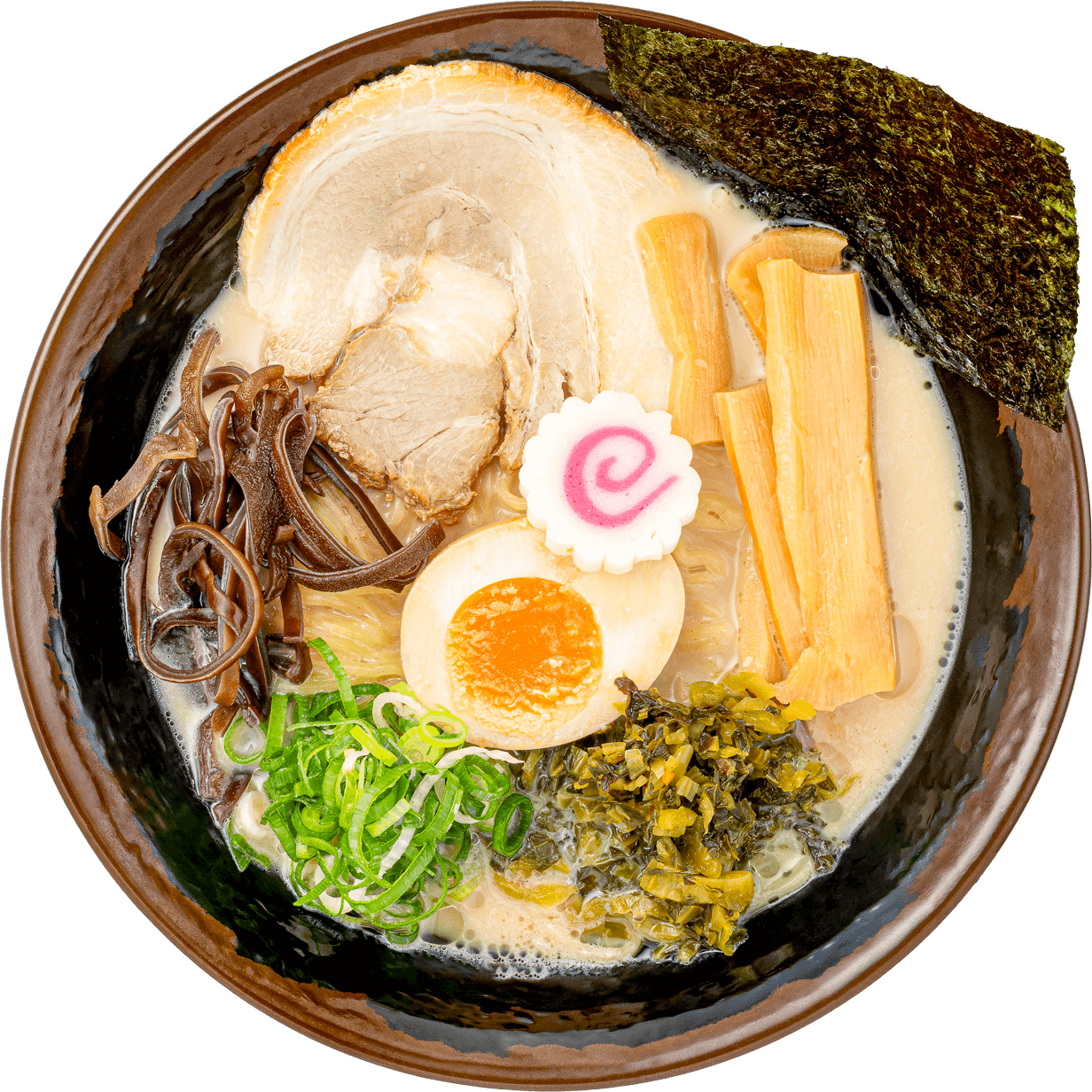 Tenkomori ramen bowl with egg, bamboo, nori, and greens