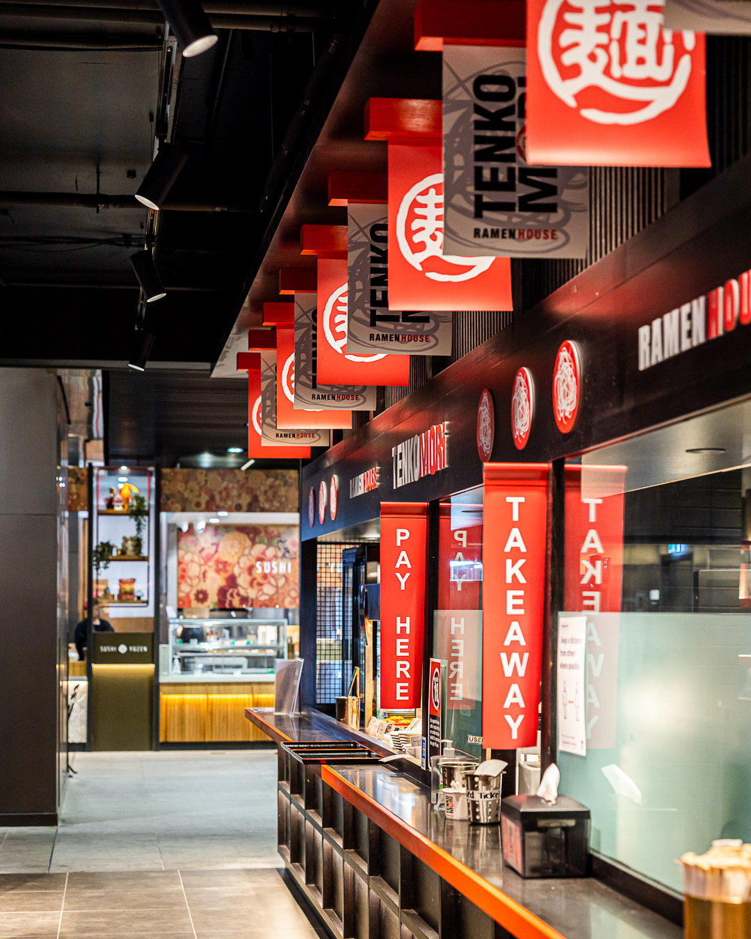 Red lantern-style interior at Tenkomori Ramen House Wynyard